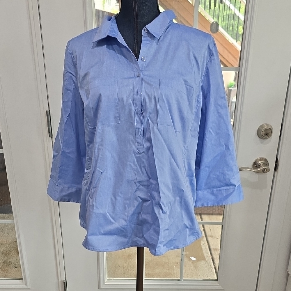 New York & Company Blue Relaxed Notched Collar Shirt